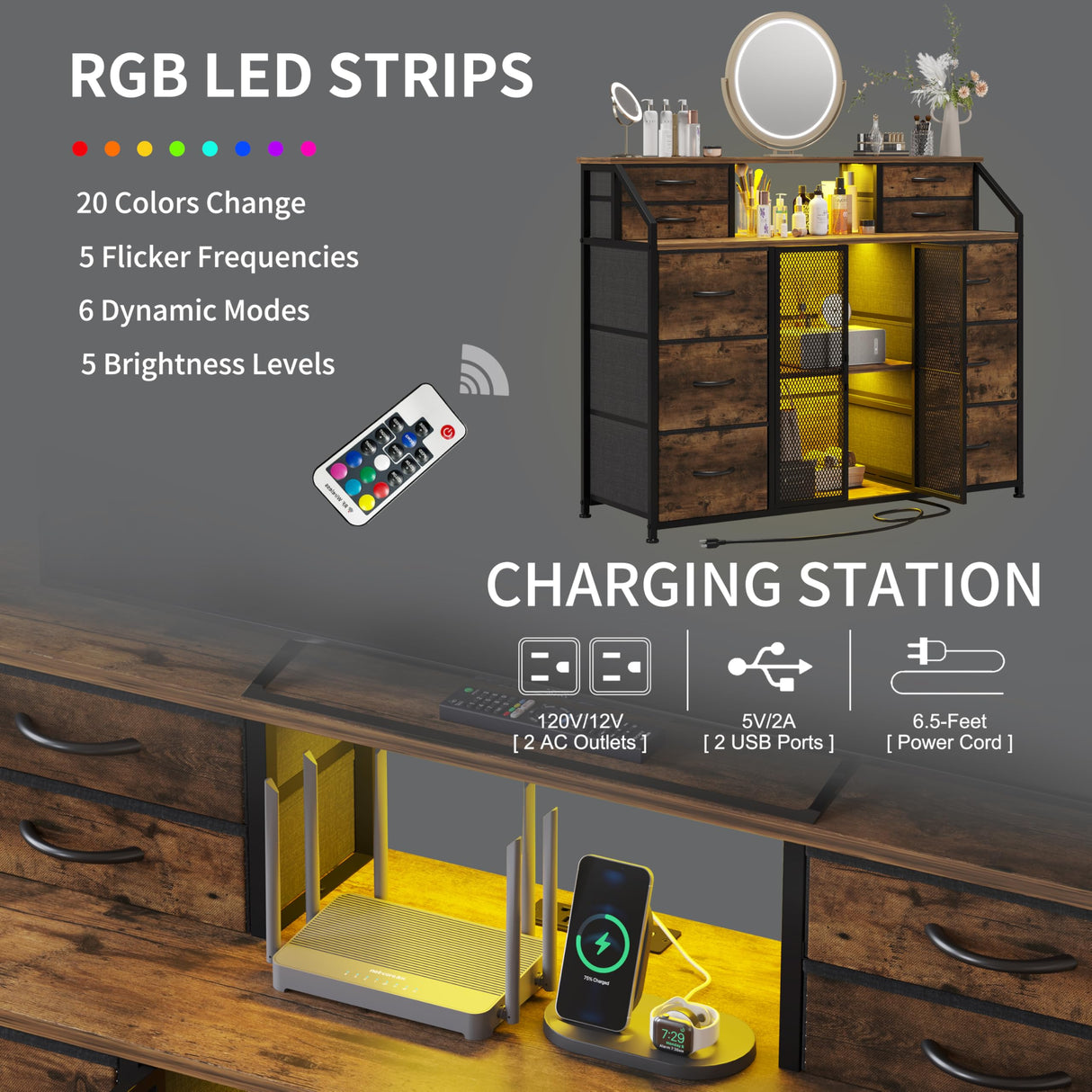 LUMTOK 10 Drawers Dresser, Drawer Dressers with Shelves, Door, Power Strip and LED Lights for Bedroom Living Room, Entryway, Closets (Rustic Brown) LUMTOK