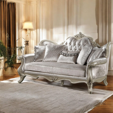 Acme Libertee Upholstered Sofa with 5 Pillows in Beige and Champagne Acme
