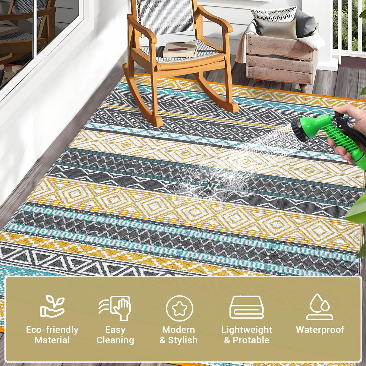 GAOMON Outdoor Rug 9'x12' Waterproof Rug for Patio Decor, Foldable Reversible Plastic Straw Area Rugs Mat for Camper, Outside Carpet for Deck, Porch, Picnic, Beach, Teal/Yellow(Bohemia) GAOMON