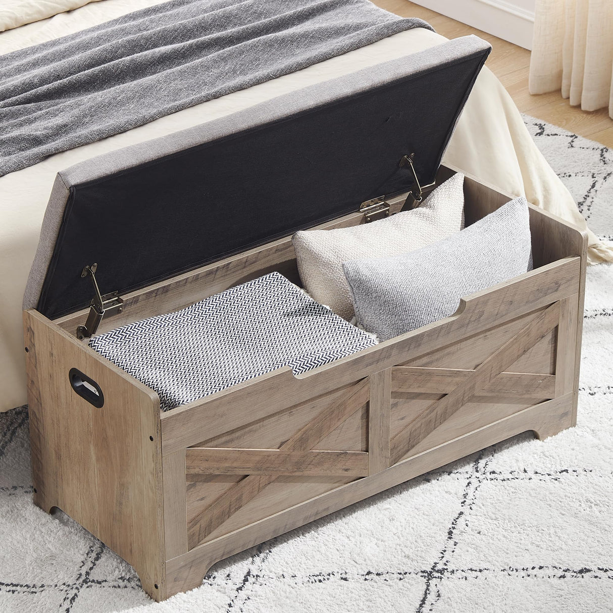 coucheta Storage Chest, Farmhouse Storage Trunk, Wooden Entryway Storage Bench with Safety Hinge and Lift-Top for Entryway, Bedroom, Living Room, Grey coucheta