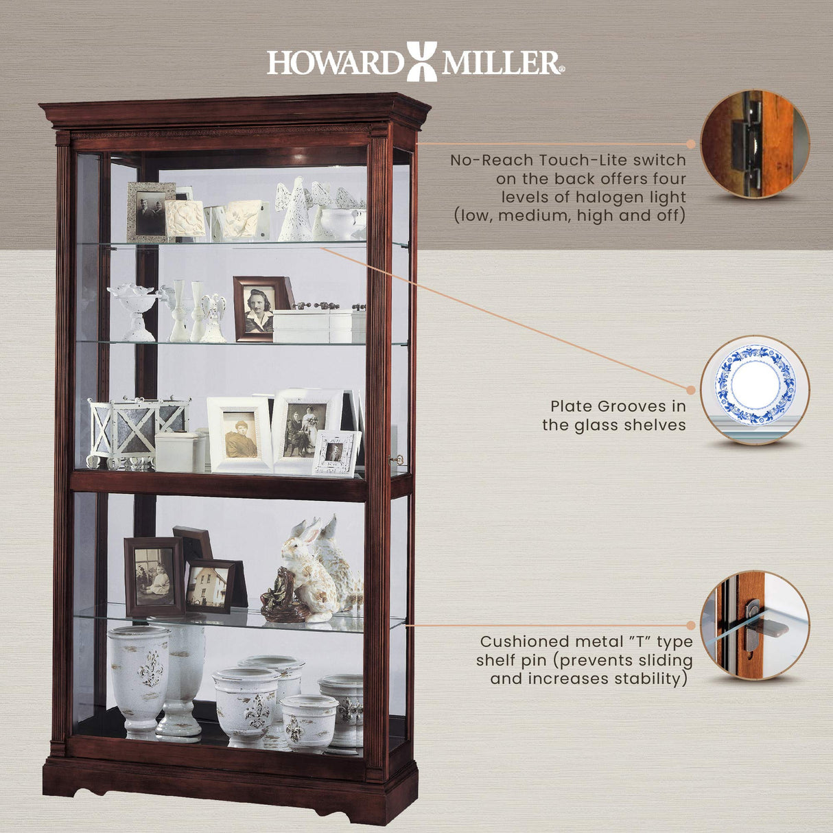 Howard Miller Dublin Curio Cabinet 680-337 – Windsor Cherry Finish Home Decor, Four Glass Shelves, Five Level Display Case with Locking Slide Door & Halogen Light Howard Miller