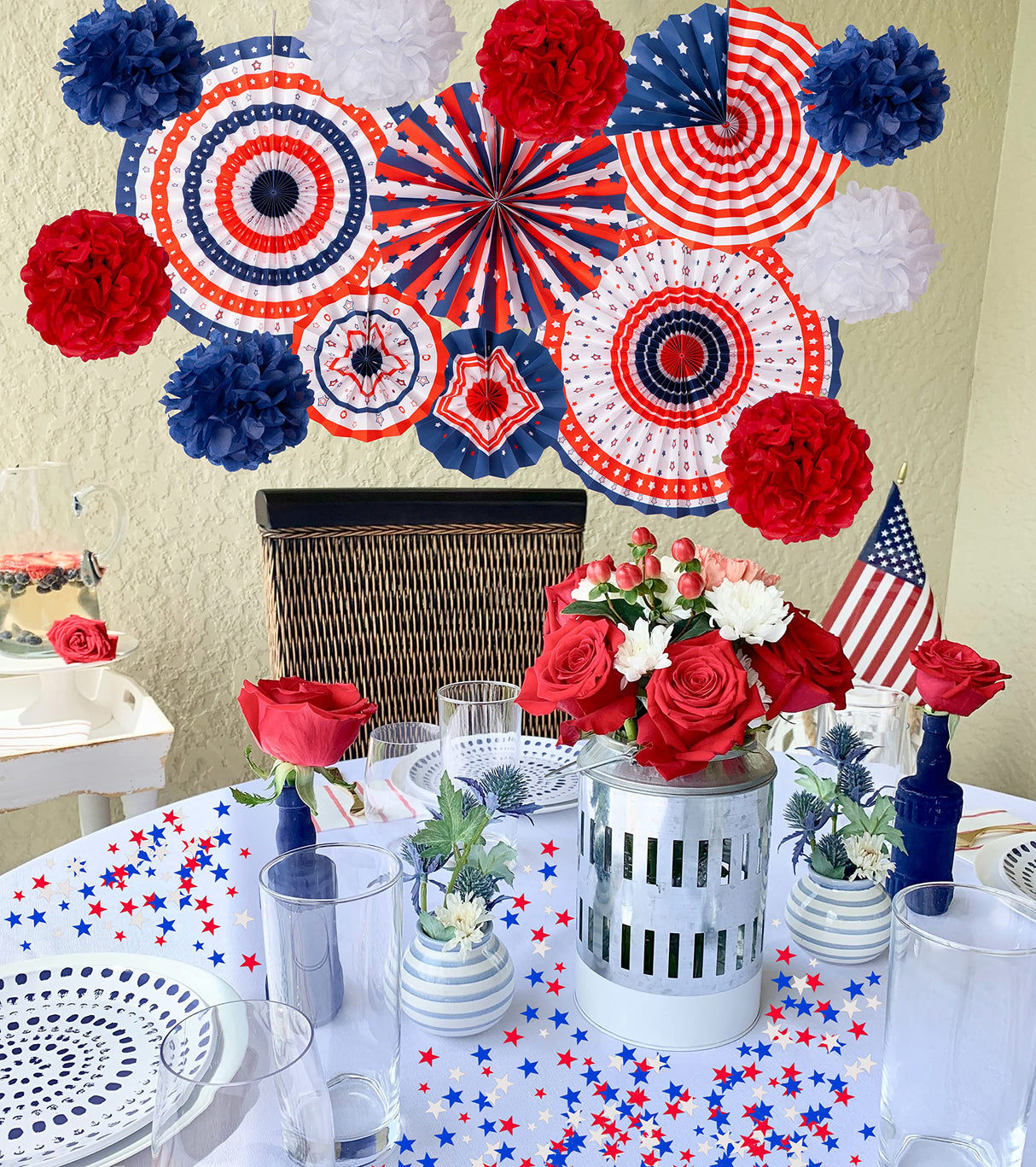 29PCS 4th/Fourth of July Patriotic Decorations Set - Red White Blue Paper Fans,USA Flag Pennant,Star Streamer,Pom Poms,Hanging Swirls Party Decor Supplies jollylife