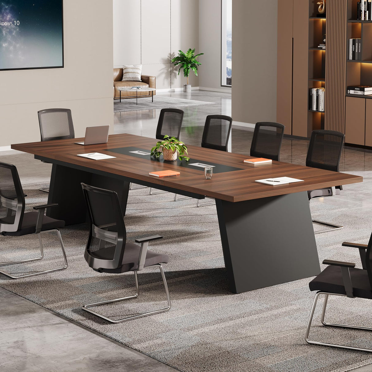 Tribesigns 8ft Conference Table, Modern Office Meeting Room Table with Cable Management, Large Business Seminar Furniture for Boardroom, Walnut and Black Tribesigns