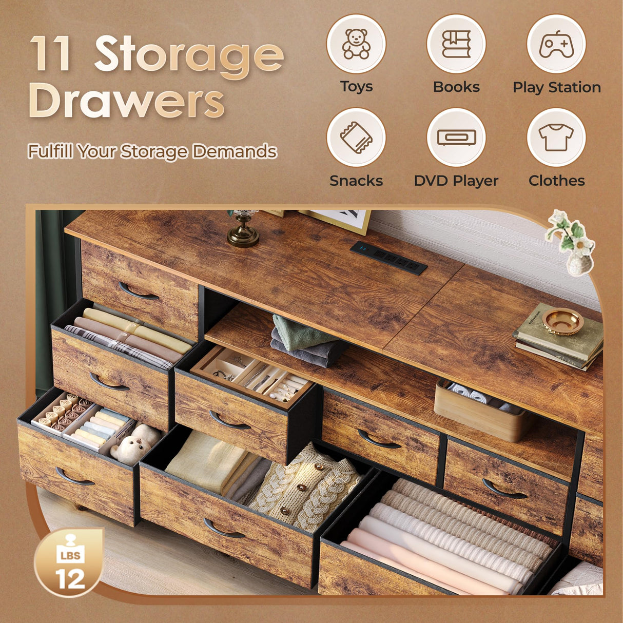 Huuger 63 Inch TV Stand for 65, 70 Inch TV, 11 Drawer Long Dresser with Power Outlets and LED Lights, Entertainment Center with Storage, Rustic Brown Dresser with PU Leather Surface Huuger