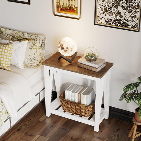 ChooChoo Farmhouse End Table Set of 2, Rustic Vintage Narrow End Side Table with Storage Shelf for Small Spaces, Nightstand Sofa Table for Living Room, Bedroom White ChooChoo