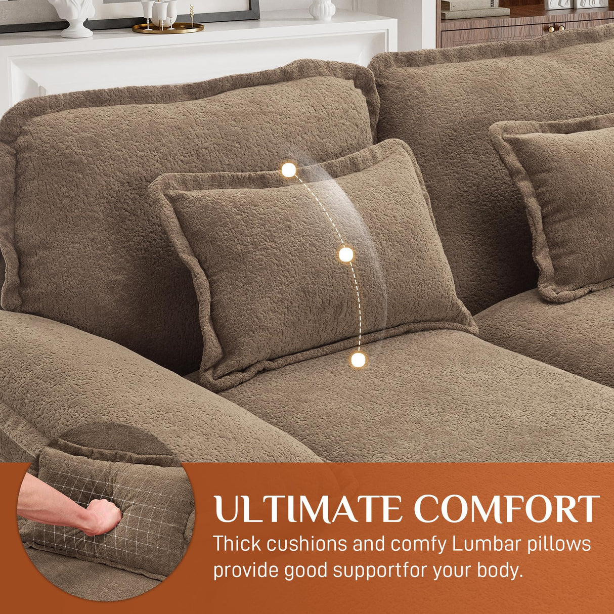 ONEMMLION U Shaped Cloud Couch Sectional Sofa, 124" Comfy Fluffy Chenille Brown Sectional Couches for Living Room with Double Chaise Lounge, Modern Modular Sofa with Central Console USB Port ONEMMLION