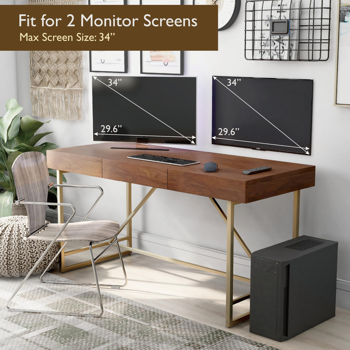 Homes: Inside + Out Lizon Modern 60 Inch Wood Desk With Drawers, Office Table With Storage, Vanity Without Mirror For Bedroom, Study Room, Dorm, Light Walnut Brown & Gold HOMES: INSIDE + OUT