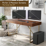 Homes: Inside + Out Lizon Modern 60 Inch Wood Desk With Drawers, Office Table With Storage, Vanity Without Mirror For Bedroom, Study Room, Dorm, Light Walnut Brown & Gold HOMES: INSIDE + OUT
