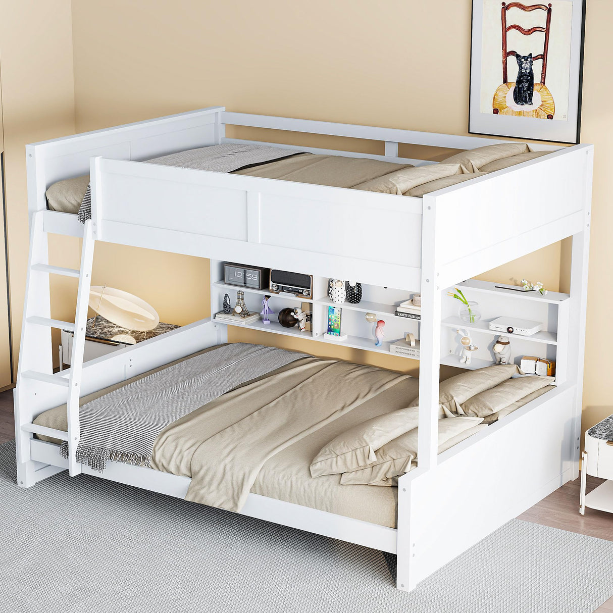 RuiSiSi Full XL Over Queen Bunk Bed with Storage, Modern Wood Queen Bunk Bed with Storage Cabinets and USB Ports for Kids Teens Adults, Space-Saving with Ladder, Guardrail, Antique White RuiSiSi