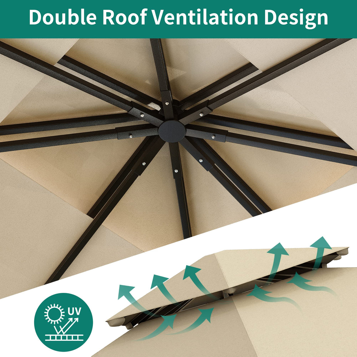 YITAHOME 10x12ft Patio Gazebo Outdoor Double Roof Canopy Gazebo w/Netting & Curtains, Soft Fabric Top Garden Winds Tent with Steel Frame for Lawn, Garden, Backyard and Deck, Khaki YITAHOME