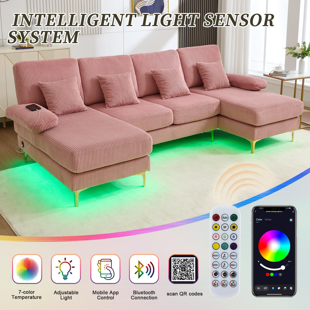 ZEIINPA U Shaped Sectional Sofa Couch for Living Room, 4 Seat Modern Corduroy Sofa with Double Chaise, USB and Lights, 104 inches(Pink Corduroy) ZEIINPA