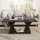 FROMJBEST Farmhouse Coffee Table with Shelf, Wood Coffee Table for Living Room, Open Display Area,47” Dark Brown FROMJBEST