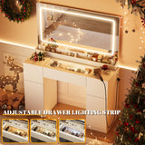 44" Vanity Desk with Large Mirror and Lights, Modern Glass Top Makeup Vanity Set with Power Outlet, 3 Drawers and 2 Cabinet, 3 Lighting Color Adjustable Dressing Table for Bedroom,Pure White INNOD