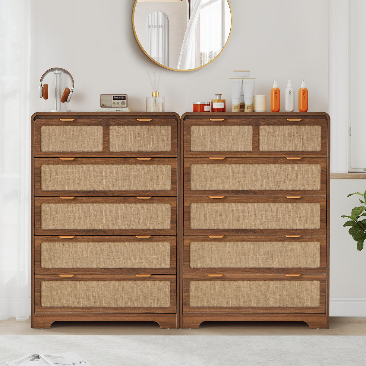 RUSTYER 43" Tall Dresser for Bedroom, 5 Drawer Mid Century Modern Dresser with Natural Linen, Curved Wood Chest of Drawers Closet Clothes Storage Organizer for Living Room, Hallway (Walnut) RUSTYER
