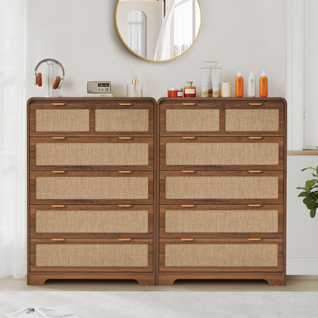 RUSTYER 43" Tall Dresser for Bedroom, 5 Drawer Mid Century Modern Dresser with Natural Linen, Curved Wood Chest of Drawers Closet Clothes Storage Organizer for Living Room, Hallway (Walnut) RUSTYER