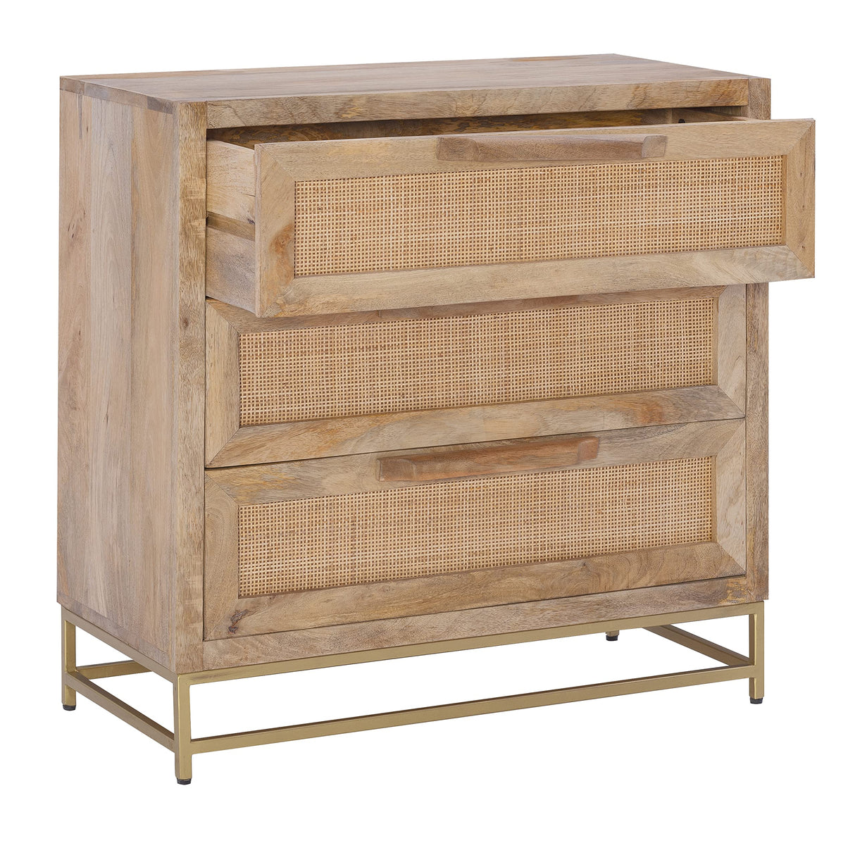 Powell Natural Rattan and Gold Base 3 Danika, Three Drawer Cabinet, Brown Powell