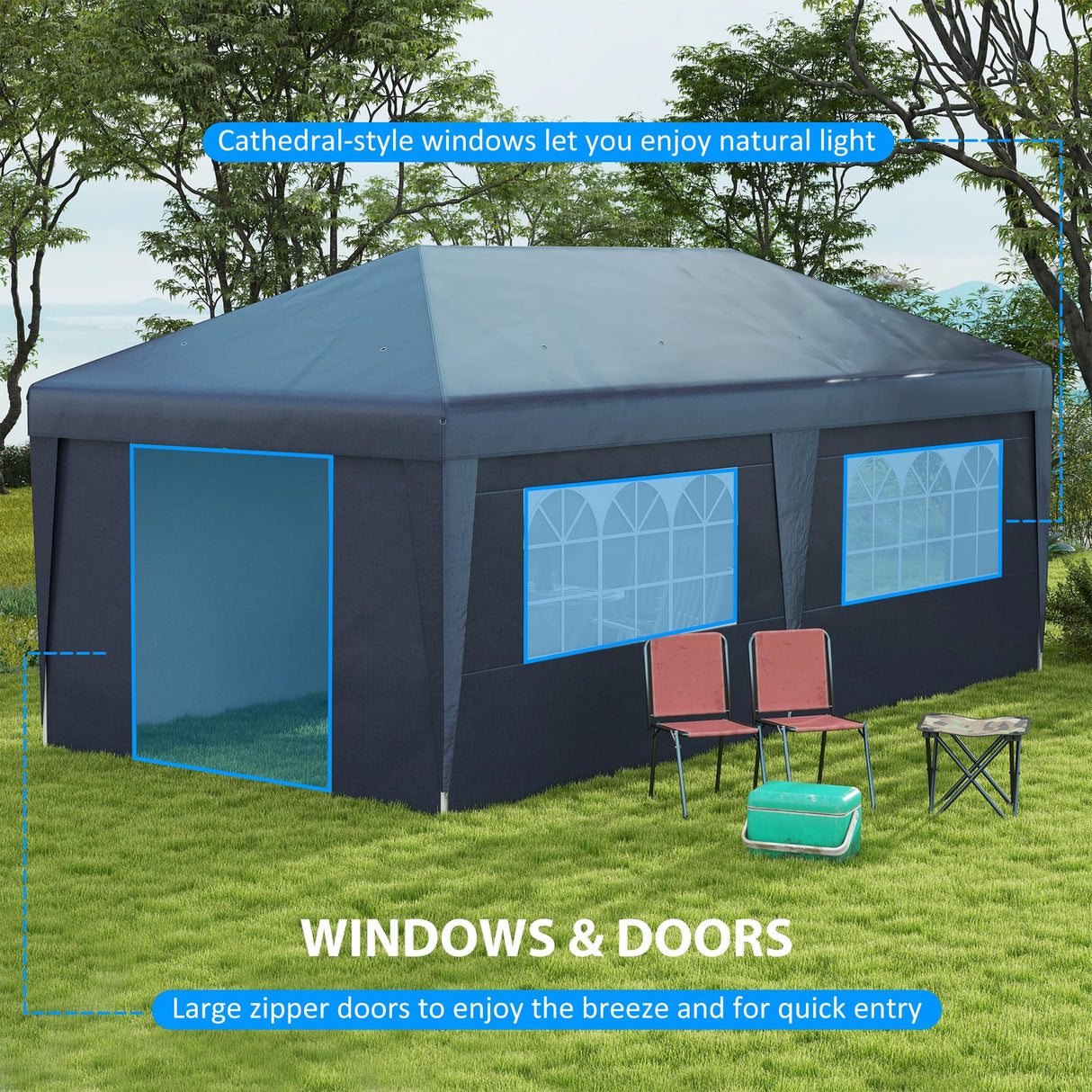 Outsunny 10' x 19.5' Pop Up Canopy Tent with Sidewalls, UPF 30+ Height Adjustable Large Party Tent Event Shelter with Leg Weight Bags and Wheeled Carry Bag for Garden, Patio, Dark Blue Outsunny
