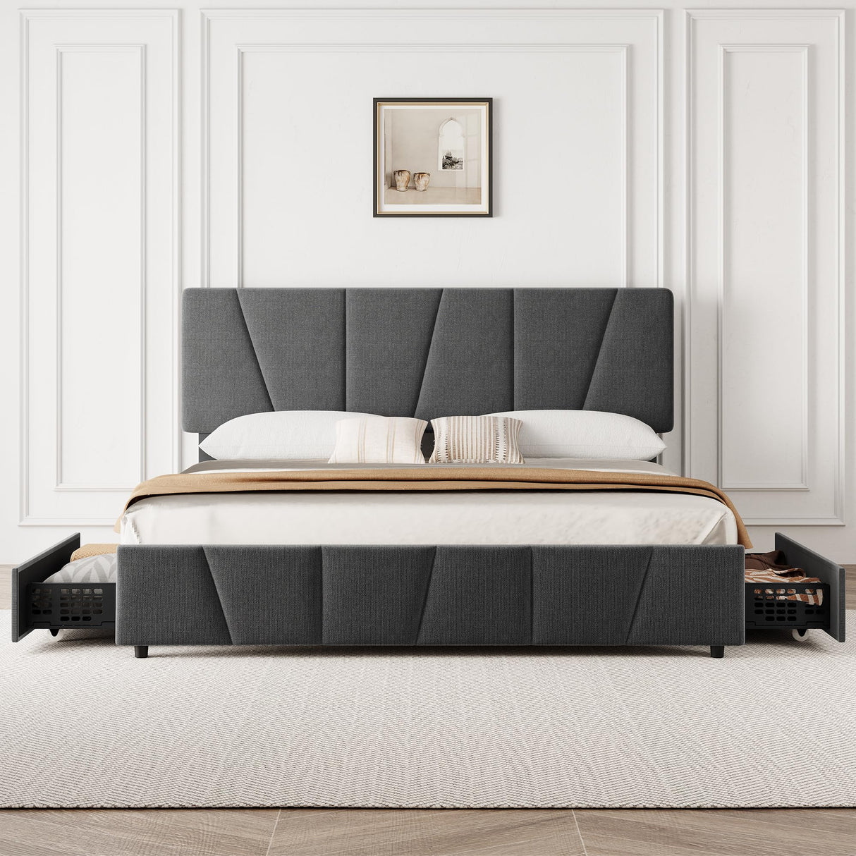 GarveeHome King Size Bed Frame with Adjustable Headboard and 4 Storage Drawers, Velvet Upholstered Tufted King Platform Bed Frames with Wooden Slats Support, King Bedframe No Box Spring Needed, Grey GarveeHome