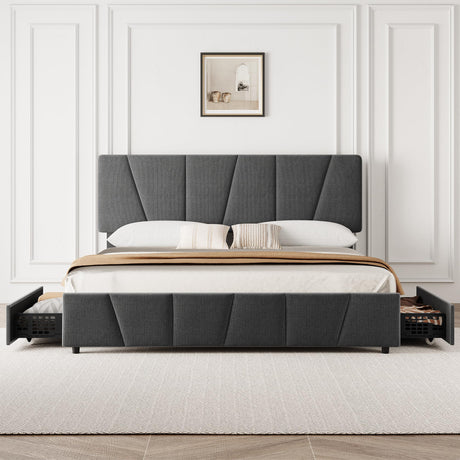 GarveeHome King Size Bed Frame with Adjustable Headboard and 4 Storage Drawers, Velvet Upholstered Tufted King Platform Bed Frames with Wooden Slats Support, King Bedframe No Box Spring Needed, Grey GarveeHome