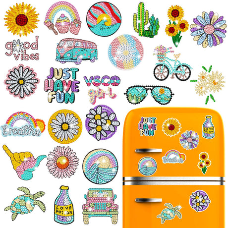 ZYNERY 24 Pcs Summer Magnets, Refrigerator Magnets Sunflower Beach Art, Mini Diamond Painting Kits, Decorative Magnets 5D Diamond Painting for Adults Home Decor DIY Crafts Gift ZYNERY