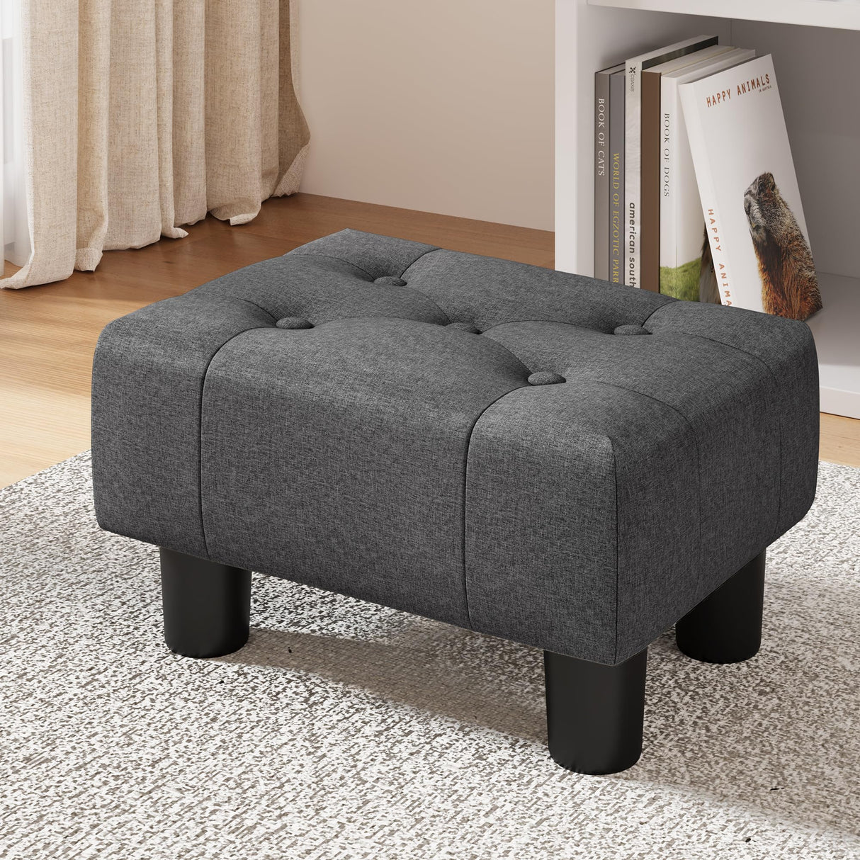 LUE BONA Small Tufted Foot Stool, Fabric Foot Stools Ottoman with Plastic Legs, 9''H, Rectangle Footstool for Adult with Non-Slip Pads, Sofa Foot Rest for Living Room, Couch,Carbon Grey LUE BONA