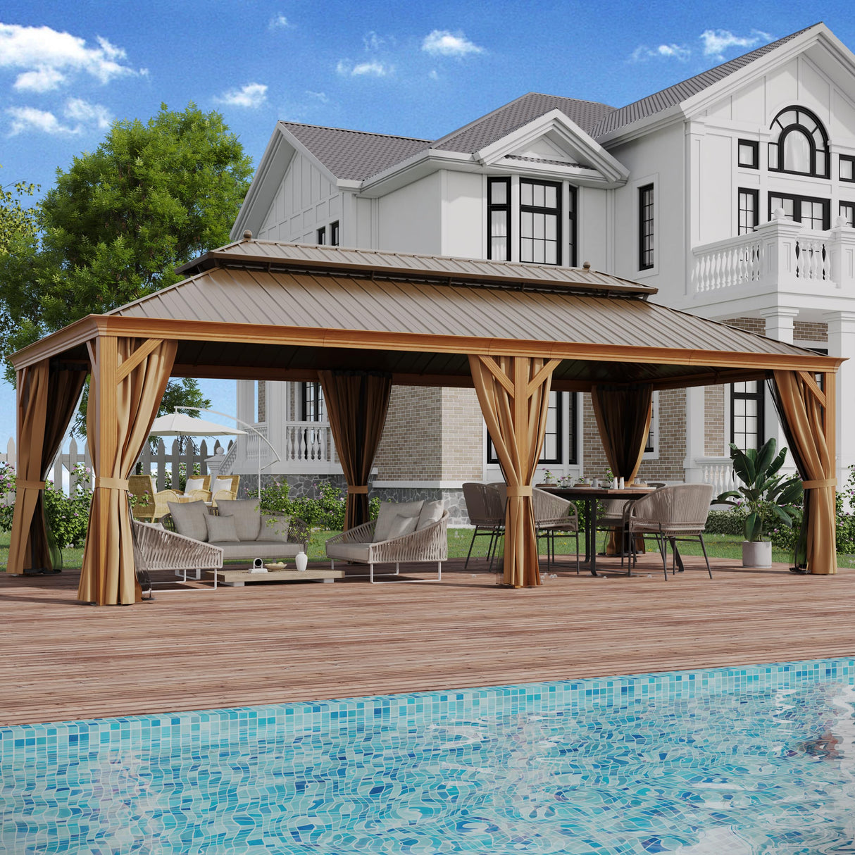 GAZEBEST 12' X 24' Permanent Hardtop Gazebo, Outdoor Galvanized Steel Double Roof Pavilion Pergola Canopy Wood-Looking with Aluminum Frame and Privacy Curtains for Garden,Patio Backyard,Deck and Lawns GAZEBEST