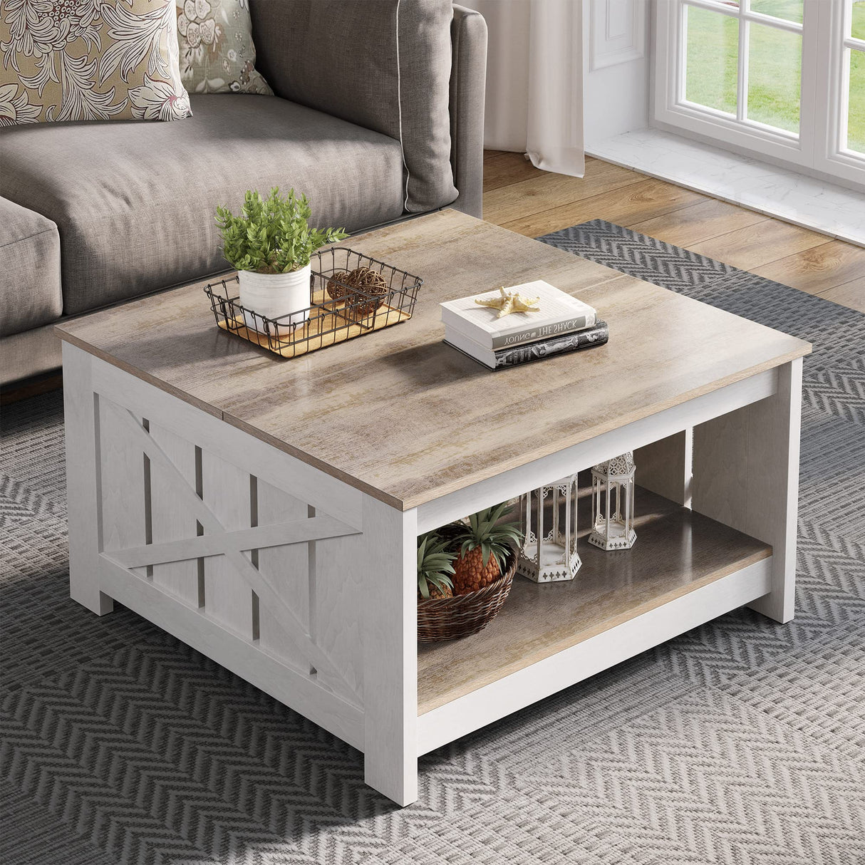 YITAHOME Coffee Table Farmhouse Coffee Table with Storage Rustic Wood Cocktail Table,Square Coffee Table for Living Meeting Room with Half Open Storage Compartment,Grey Wash YITAHOME