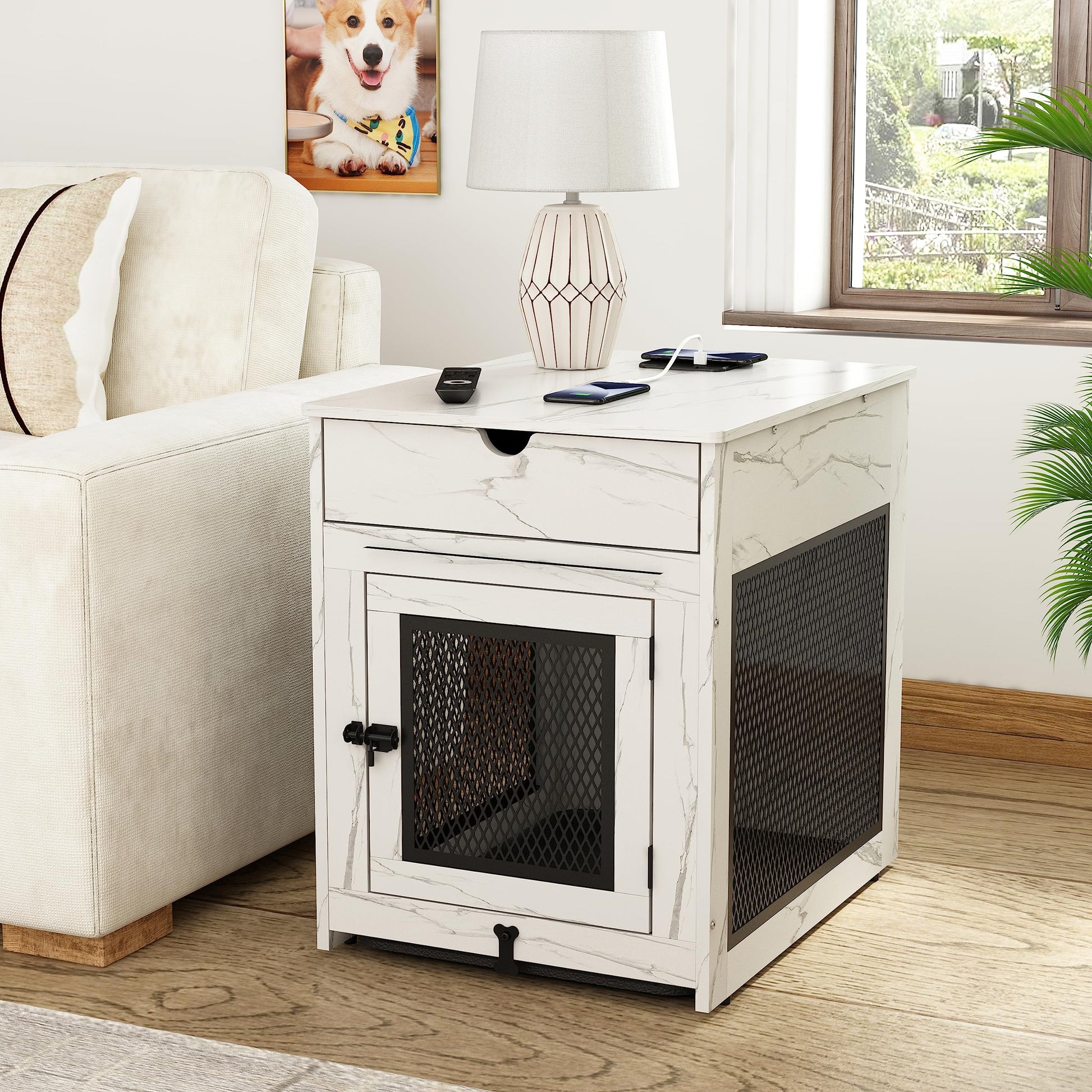 Piskyet Dog Crate Furniture,Wooden Dog Crate End Table with Storage Drawer&Cushion&Tray, QC3.0 Wireless Fast Charging&Dual USB, Dog Crate Indoor Kennel for Small Dogs - Marble White - WoodArtSupply