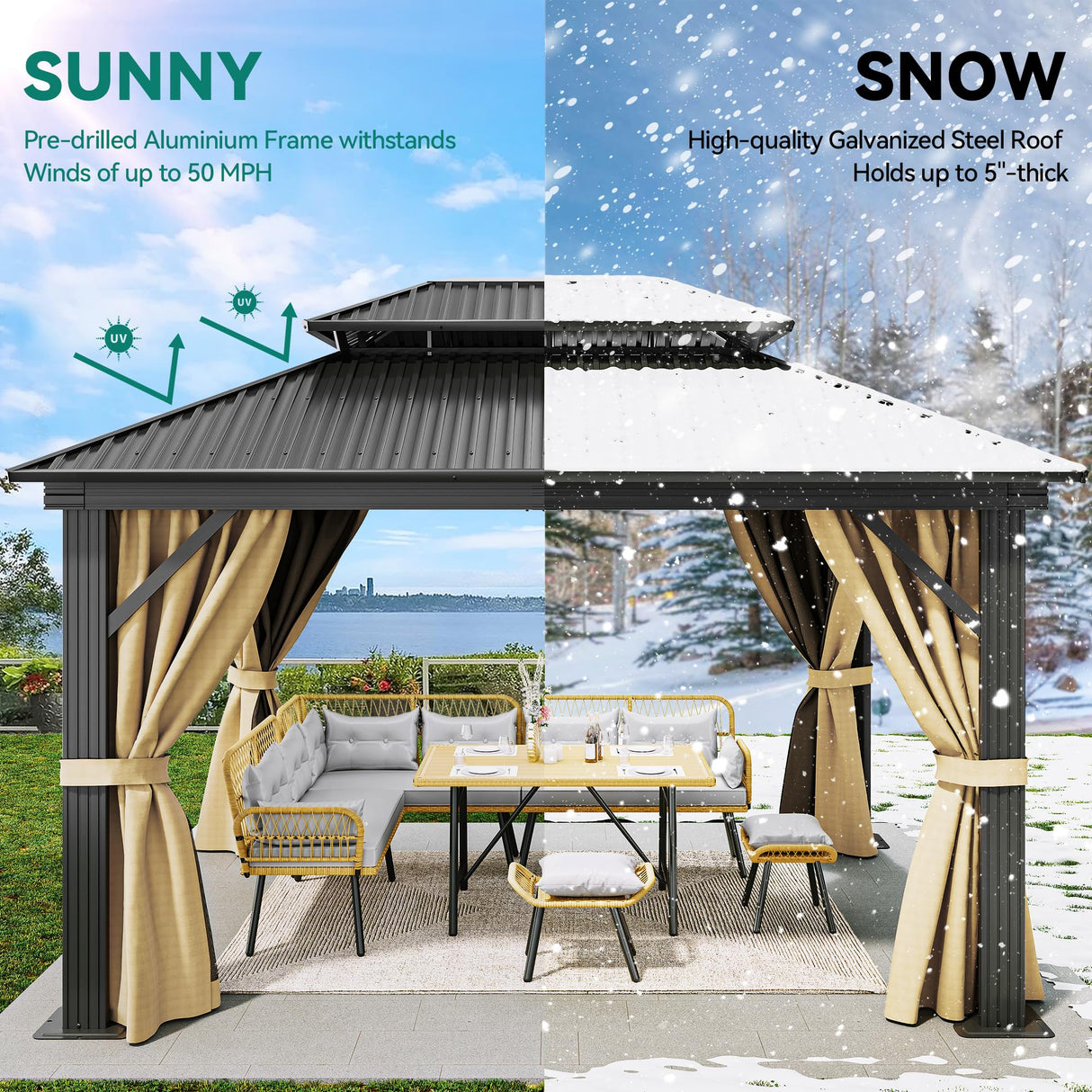 DWVO 12x14ft Hardtop Gazebo Double Roof with Nettings and Curtains, Heavy Duty Galvanized Steel Outdoor Vertical Stripes Roof for Patio, Backyard, Deck, Lawns, Brown DWVO