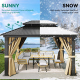 DWVO 12x14ft Hardtop Gazebo Double Roof with Nettings and Curtains, Heavy Duty Galvanized Steel Outdoor Vertical Stripes Roof for Patio, Backyard, Deck, Lawns, Brown DWVO