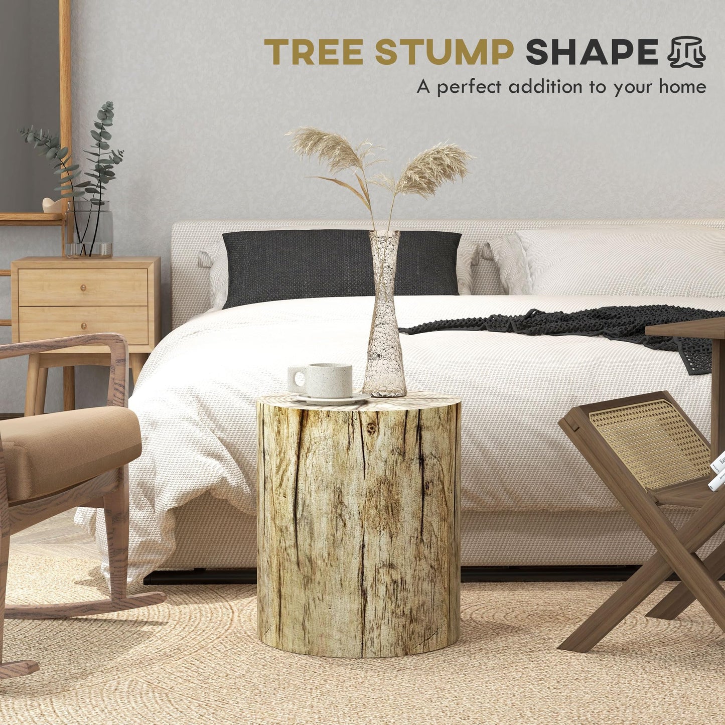 HOMCOM Tree Stump Stool, Decorative Side Table with Round Tabletop, Concrete End Table with Wood Grain Finish for Indoors and Outdoors - WoodArtSupply