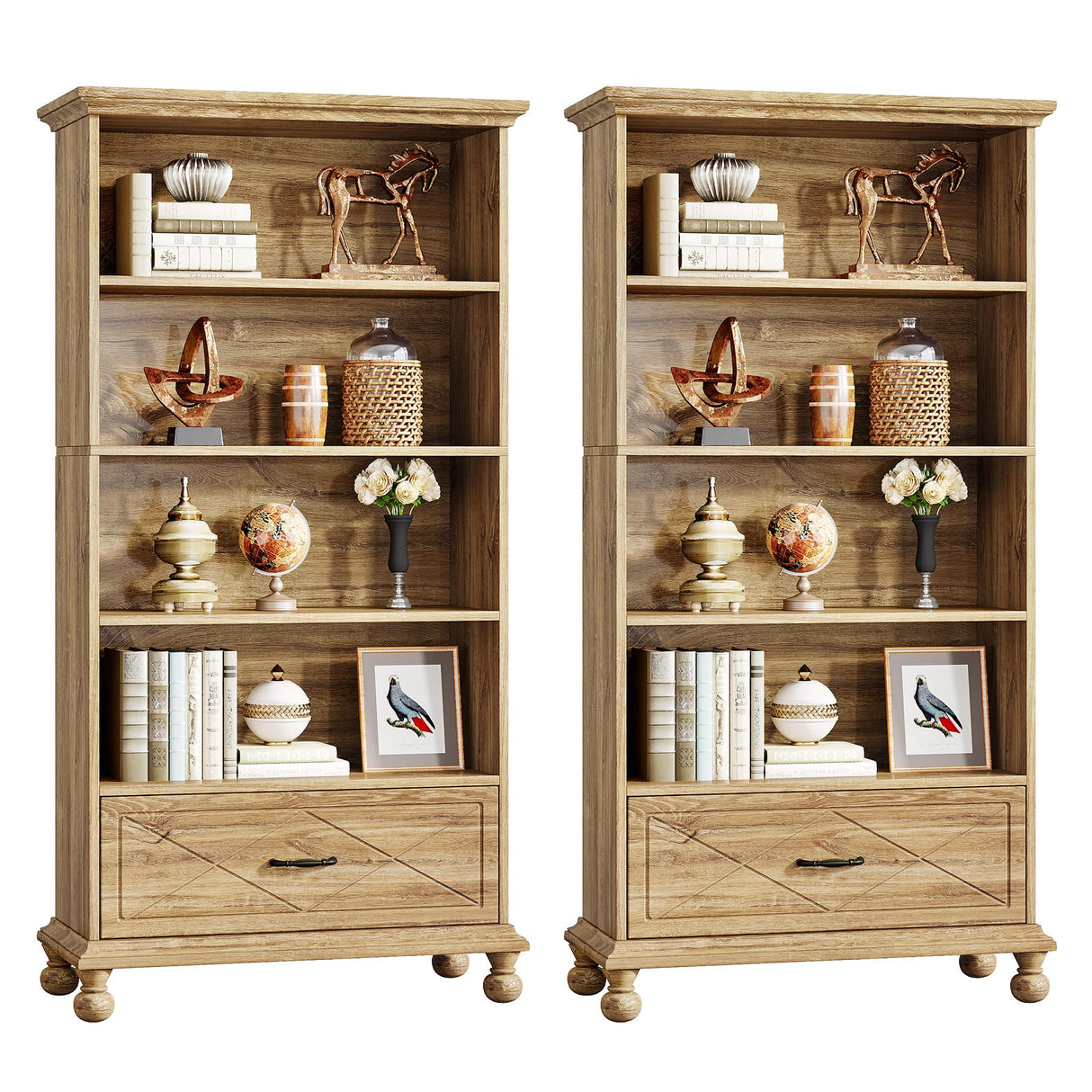 Tribesigns 6-Tier Oak Bookcase Set with Drawer and Solid Wood Legs - 71 Inch Tall Freestanding Bookshelf Tribesigns