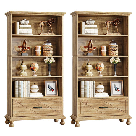 Tribesigns 6-Tier Oak Bookcase Set with Drawer and Solid Wood Legs - 71 Inch Tall Freestanding Bookshelf Tribesigns