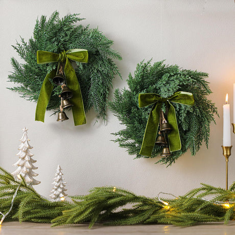 Chuangdi 2 Pcs Christmas Norfolk Wreath with Cypress Cow Bells and Velvet Ribbon Bow 11.8" Faux Pine Greenery Winter Wreath Rustic Swag for Xmas Home Table Wall Window Porch Door Indoor Outdoor Decor Chuangdi