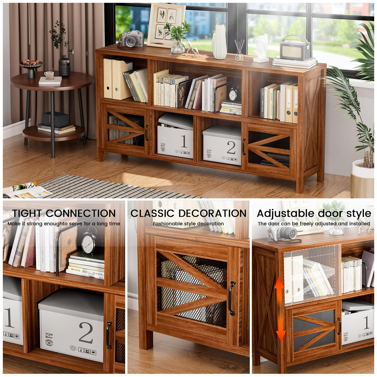 DUDUSHIMAN 8 Cube Storage Organizer Bookshelf with 2 Doors, 2-Tier Mid Century Modern Bookcase, 63" Long Horizontal Cubby Shelf, Wood Bookcase for Small Spaces Living Room DUDUSHIMAN