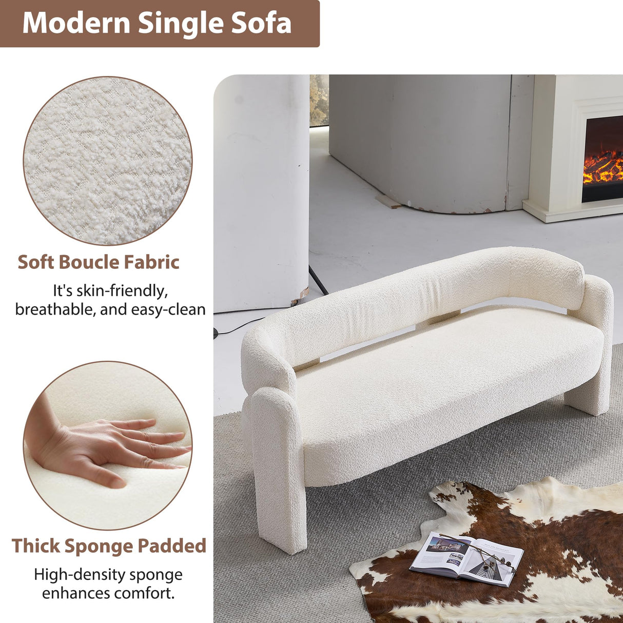 Tmsan Modern 3 Seat Curved Sofa, Upholstered Boucle Accent Sofa, Comfy Small Couch for Living Room, Dining Room, Reception, Beige Tmsan