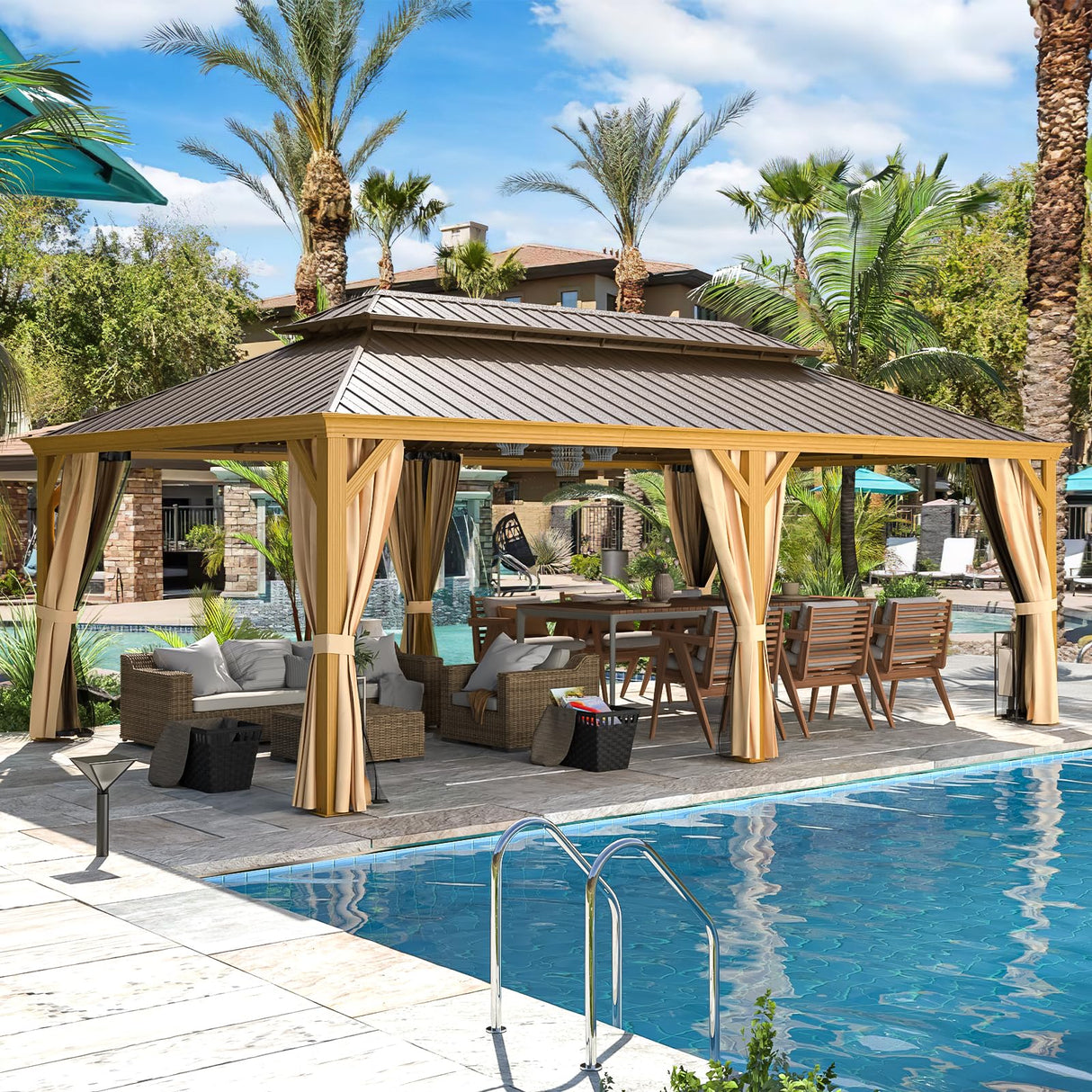 YOLENY 14' x 22' Hardtop Gazebo Wood-Looking Gazebo with Galvanized Steel Double Roof, Aluminum Frame, Outdoor Patio Hardtop Gazebo with Netting and Curtains for Lawns，Deck, Backyard YOLENY