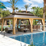 YOLENY 14' x 22' Hardtop Gazebo Wood-Looking Gazebo with Galvanized Steel Double Roof, Aluminum Frame, Outdoor Patio Hardtop Gazebo with Netting and Curtains for Lawns，Deck, Backyard YOLENY