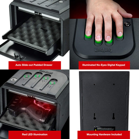 GunVault MiniVault - Quick Access Automatic Slide-Out Handgun Safe with Patented No-Eyes® Keypad (1 Pistol Capacity) GunVault