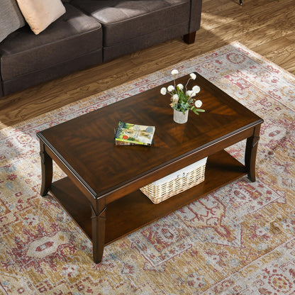 VERDANTREE Solid Wood Coffee Table with Storage Shelf, Mid-Century Living Room Tables with Carved Tabletop and Leg, 43.3” Splicing Cocktail Center Sofa Table, Cherry Brown KFZ-DR200 - WoodArtSupply