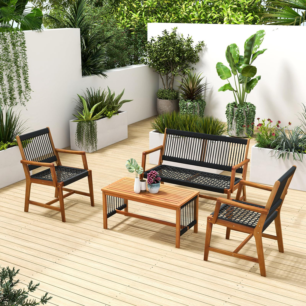 HAPPYGRILL 4 Pieces Patio Furniture Set Acacia Wood Conversation Set with Hand-Woven Rope Design, Ergonomic Loveseat & Single Chairs, Wooden Chair & Table Set for Porch Yard Poolside HAPPYGRILL