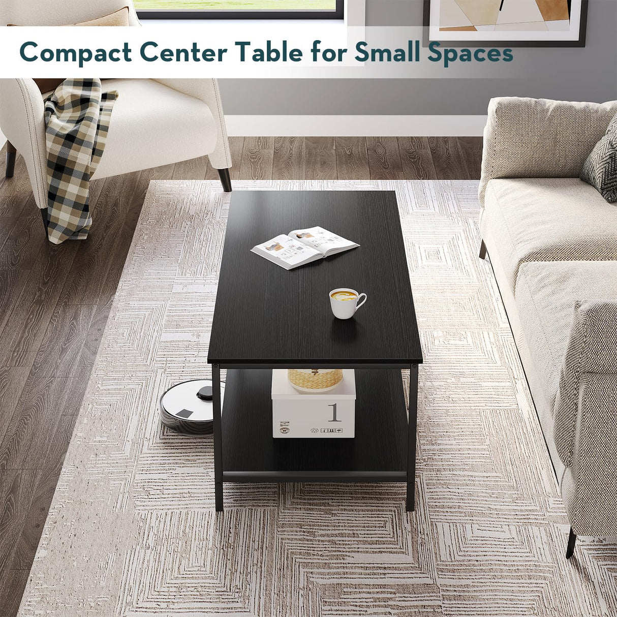 SAYGOER Black Coffee Table for Living Room Modern Rectangle 2-Tier Coffee Tables with Storage Industrial Wood Center Table for Large or Small Spaces Apartment Home Office, All Black SAYGOER