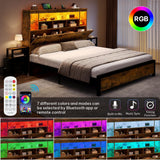 YITAHOME Queen Size Bed Frame with Storage Bookcase Headboard & RGB LED Lights, Slide Out Bedside Storage, Charging Station, Heavy Duty Metal Slats, No Box Spring Needed, Noise-Free, Rustic Brown YITAHOME