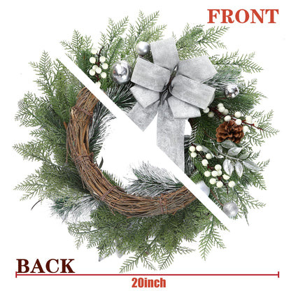 Sggvecsy 20 Inch Artificial Christmas Wreath for Front Door with Pine Needles White Berries Pine Cones Silver Bow Christmas Ball Decorations for Winter Wall Outdoor Home Holiday Xmas Decor