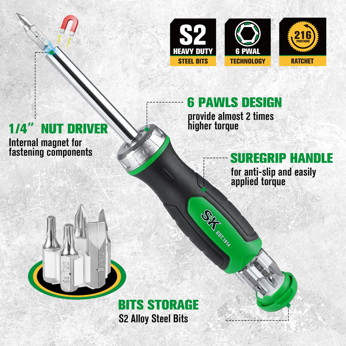 SK 7-in-1 Ratcheting Screwdriver, 216-P, 6 Bits (Phillips, Star, Slotted), 1 Nut Driver Size (1/4 Inch), S2 Steel, SureGrip Handle SK