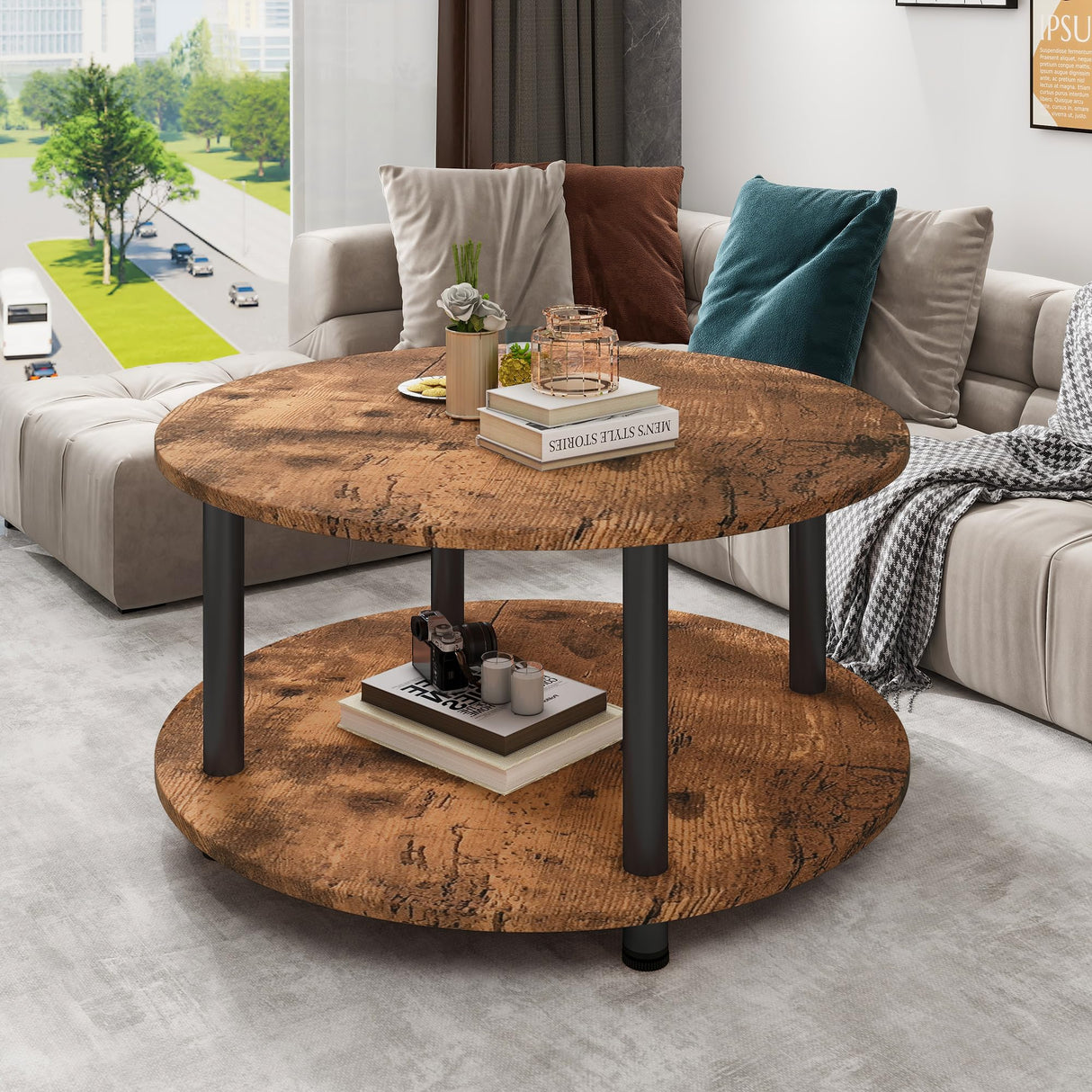 VERFARM 23.6" Round Coffee Table, 2-Tier Small Circle Coffee Table with Storage, Modern Center Accent Table with Metal Frame, Side Table End Table for Small Space, Living Room, Office, Rustic Brown VERFARM