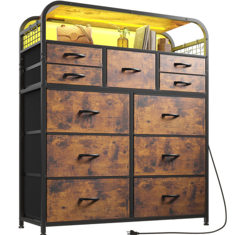 EnHomee LED Dresser for Bedroom with 11 Drawers with Charging Station Fabric Chest of Drawers with 2 Tier Shelves,4 Hooks, Bedroom,Living Room, Closet, Rustic Brown EnHomee