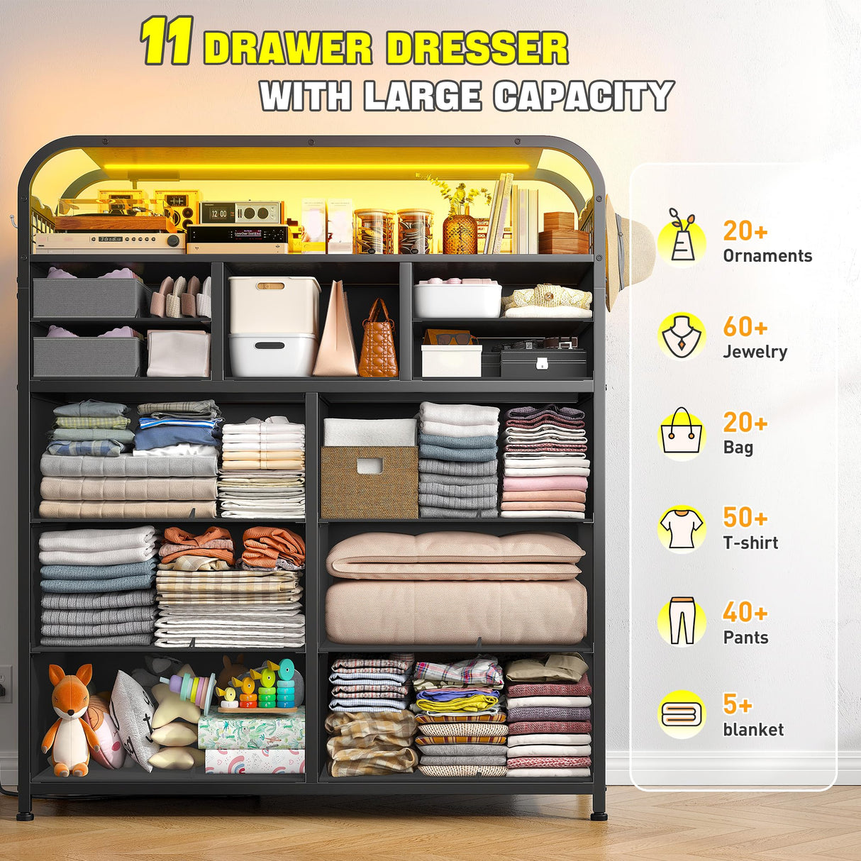 EnHomee Black Dresser with LED Lights & Charging Station,11 Drawers Dresser with 2 Tier Shelves & 4 Hooks, Fabric Dresser for Bedroom, Closet, Living Room, Entryway,Sturdy Frame,Wooden Top EnHomee