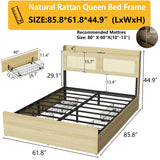 Natural Rattan Boho Queen Bed Frame with Storage Drawers, Charging Station, and LED Lights - PAKASEPT PAKASEPT