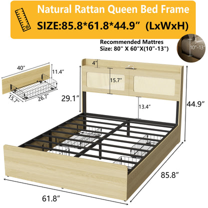 Natural Rattan Boho Queen Bed Frame with Storage Drawers, Charging Station, and LED Lights - PAKASEPT - WoodArtSupply